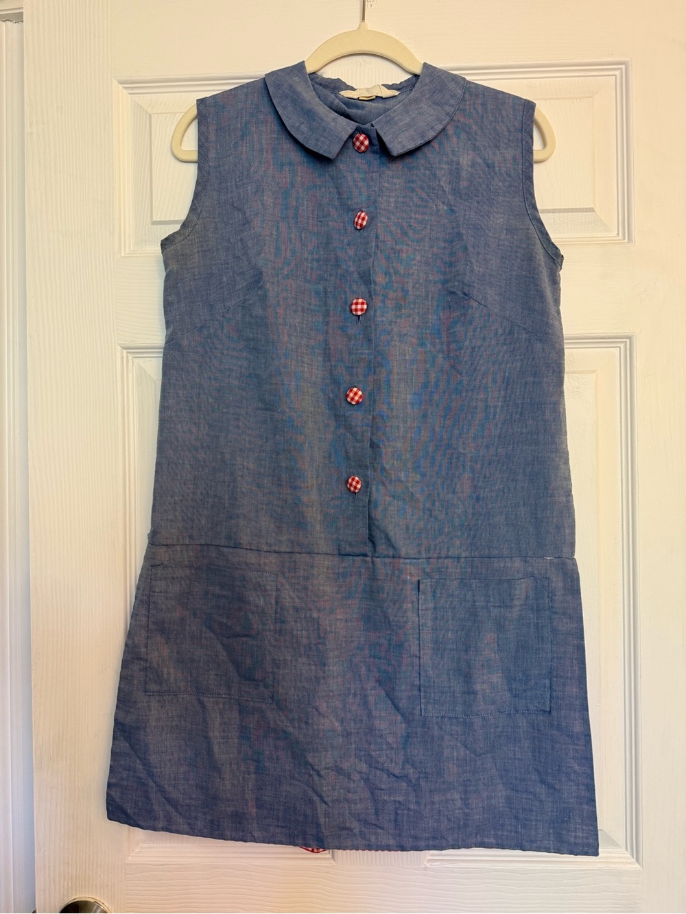 Vintage Sleeveless Chambray Romper Dress with Peter Pan Collar, Checkered Short
